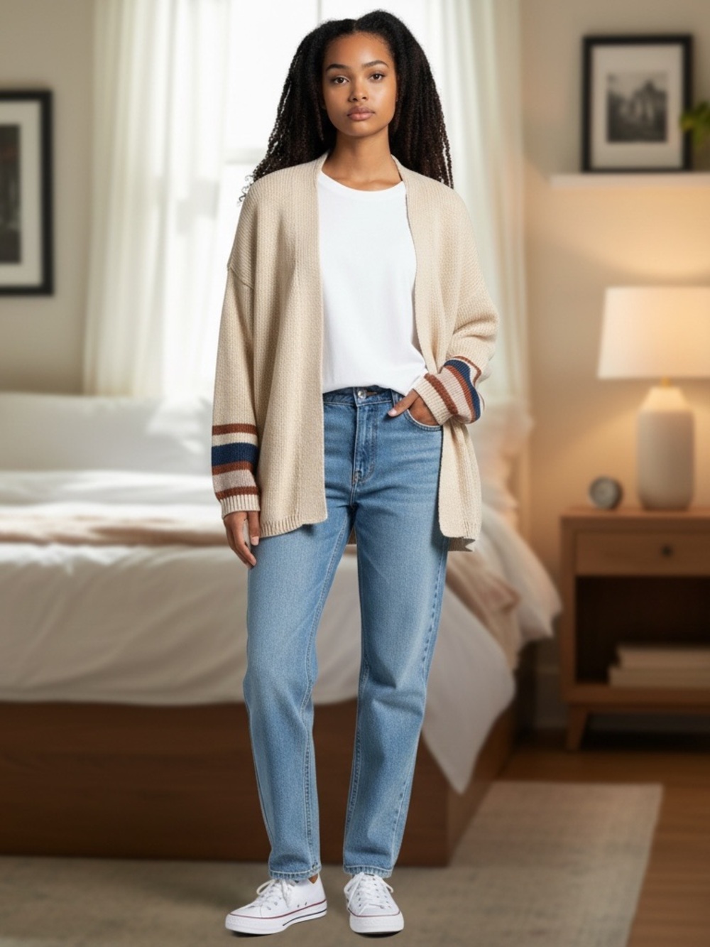 Open-Front Cream Cardigan with Striped Cuff Detail